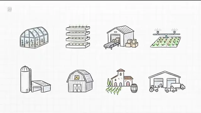 Still from the ROSE film for Agriculture and Rural: line art of greenhouse, barn, packing house and vertical farm types.