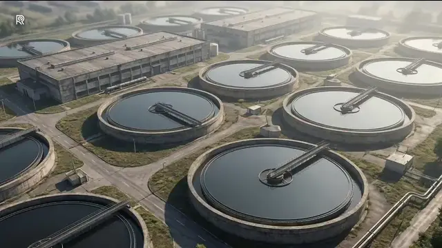 Still from the ROSE film for Government, Civic and Institutional: an aerial of a municipal water treatment plant.