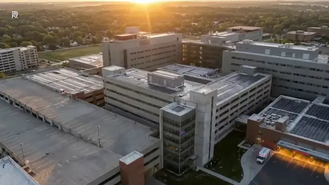 Still from the ROSE film for Healthcare: an aerial of a hospital campus with its roof plant visible.