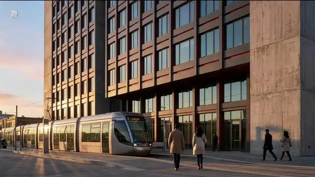 Still from the ROSE film for Mixed-Use, Land and Programmatic: a mixed-use block at street level, tram and pedestrians at golden hour.