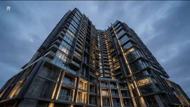 Still from the ROSE film for Multifamily and Residential Income: a residential high rise shot looking up the façade at dusk.