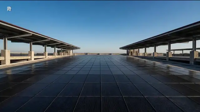 Still from the ROSE film for Parking: a parking structure with the walkable panel deck over the top level.