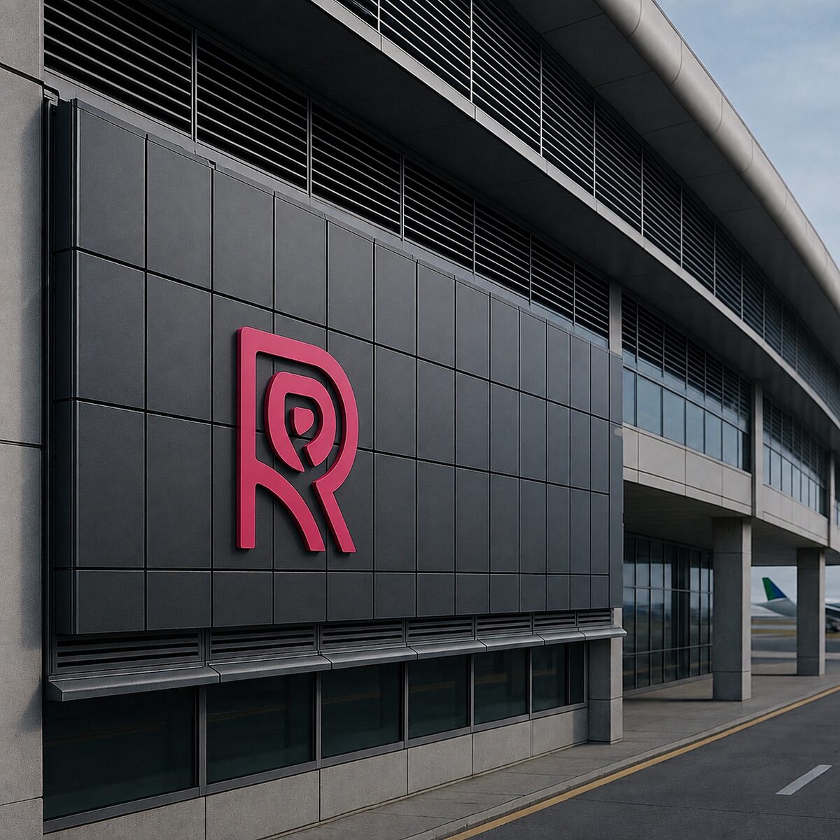 A ROSE panel array on an airport terminal facade with the ROSE mark mounted on it, an aircraft on the apron beyond