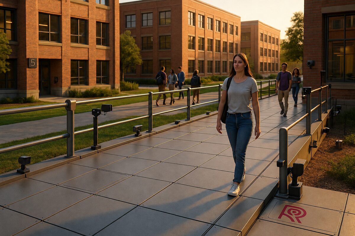 Students walking across a campus walkway deck built from ROSE panels at golden hour, the ROSE mark set into the deck surface
