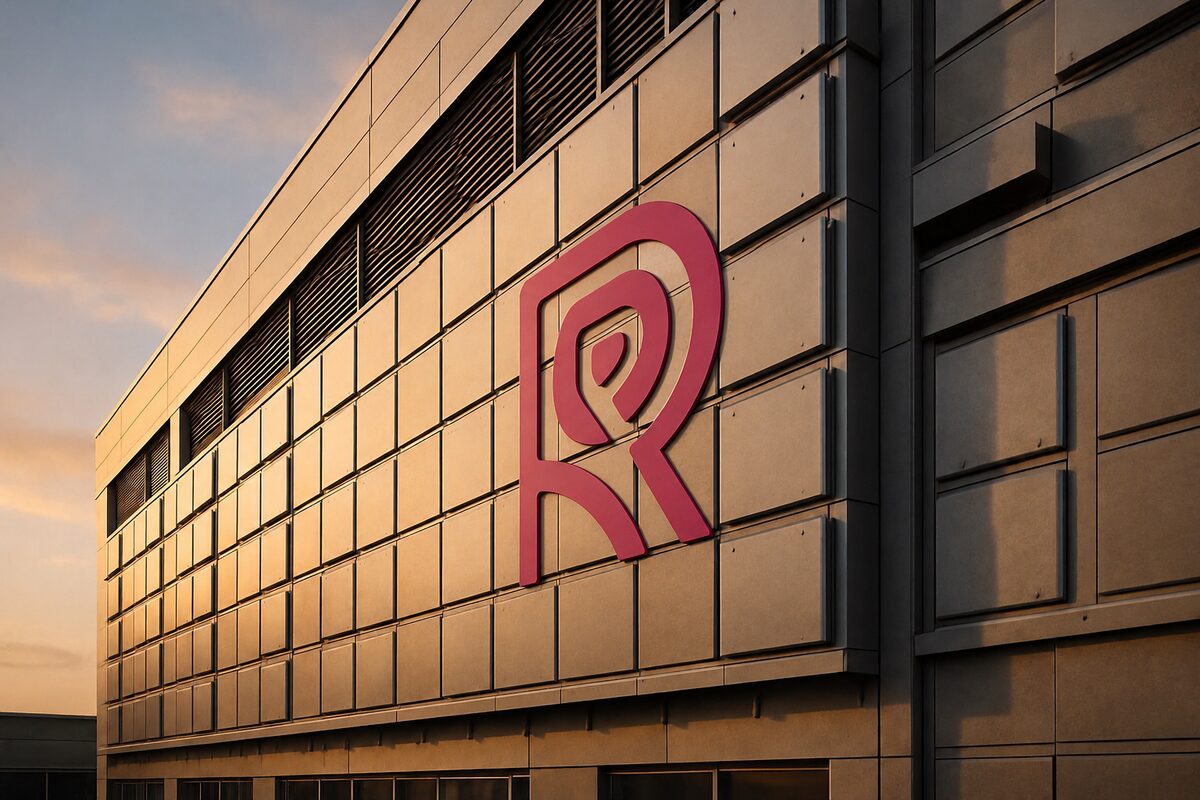 A ROSE panel array installed as the cladding on a large industrial building wall at golden hour, the ROSE mark mounted on the panel field